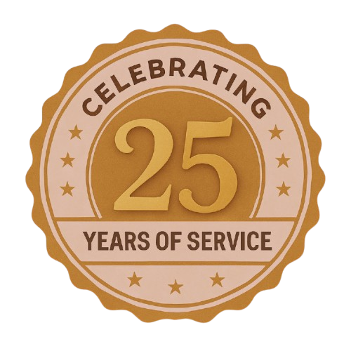Badge marking 25 years of catering service by Sri Lakshmi Caterers