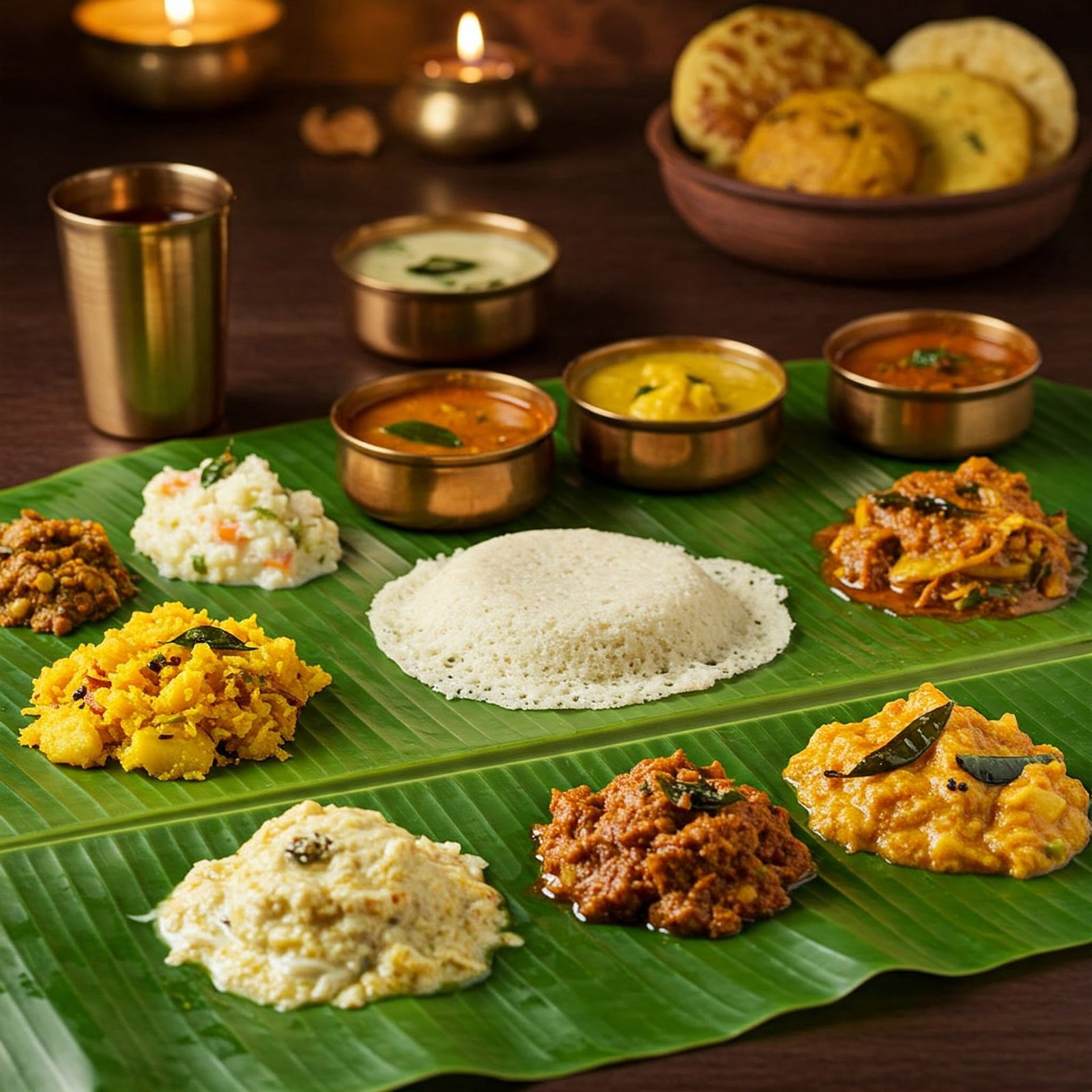 South Indian spread served from traditional brass vessels