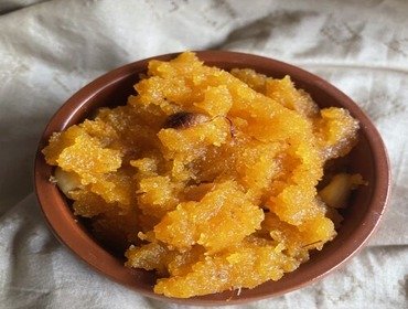 Rava kesari served as prasadam at an annaprasana ceremony