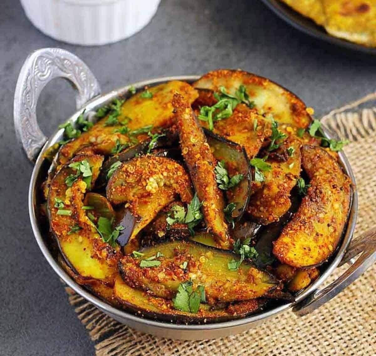 Andhra style stuffed brinjal curry, a signature Telugu wedding dish