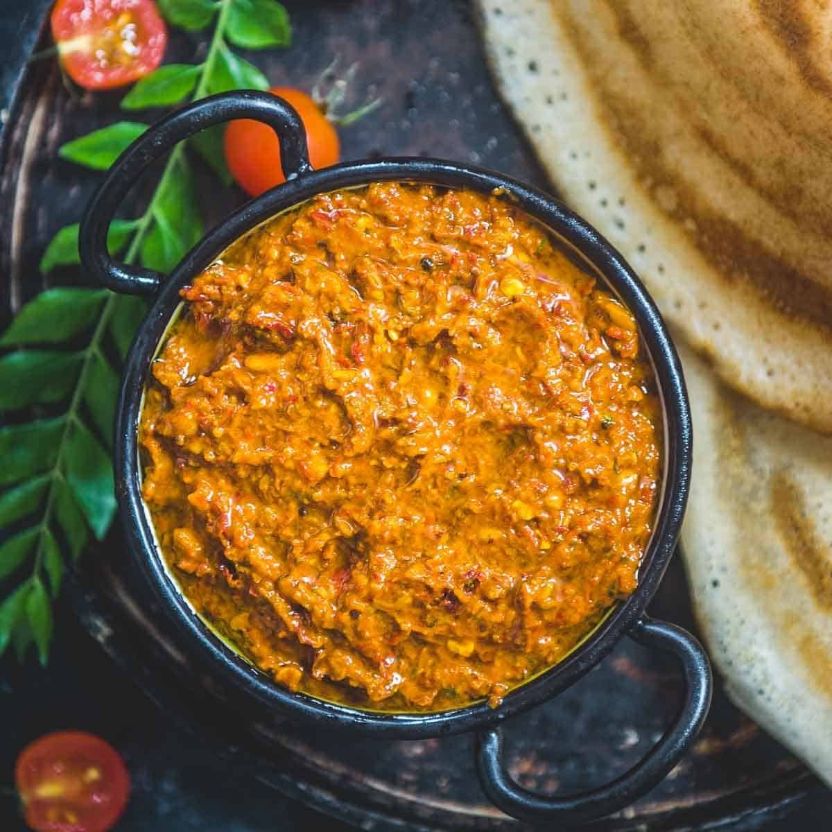 Andhra tomato pappu dal served as part of a full Telugu meal