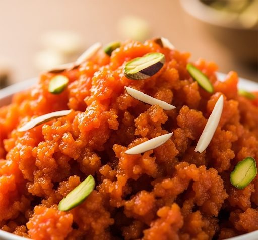 Gajar ka halwa garnished with nuts, a North Indian winter dessert