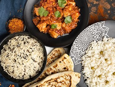 Platter of assorted North Indian curries prepared for a catered function