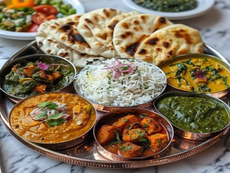 North Indian thali with naan, curries and rice served at an event