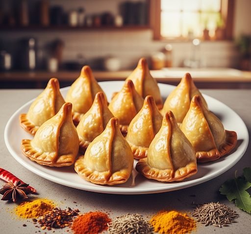 Crisp samosas served at a North Indian evening snack counter