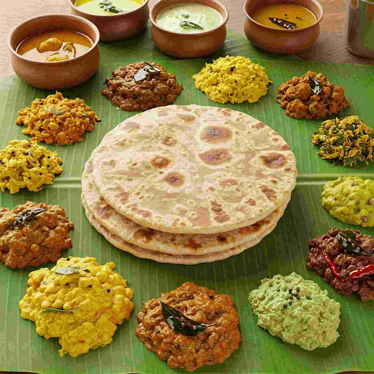 Vegetarian thali with chapati, rice and assorted side dishes