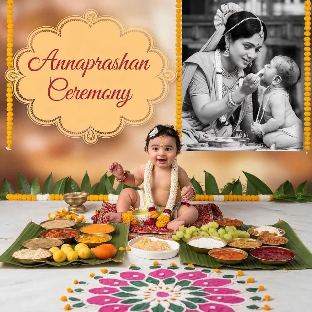 Collage of moments from an annaprasana first rice ceremony