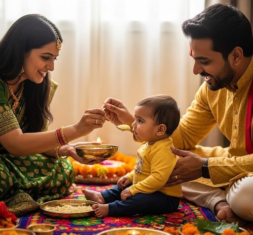 Family gathered around the baby during an annaprasana ceremony
