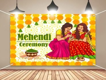 Mehendi ceremony setup with seating and decoration before guests arrive