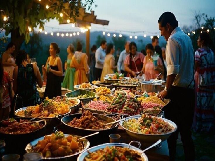 Outdoor evening party buffet lit for guests