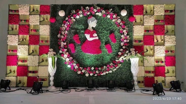 Decorated stage set up for a seemantham function
