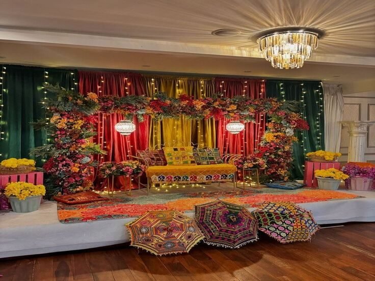 Decorated wedding stage and hall ready for the reception