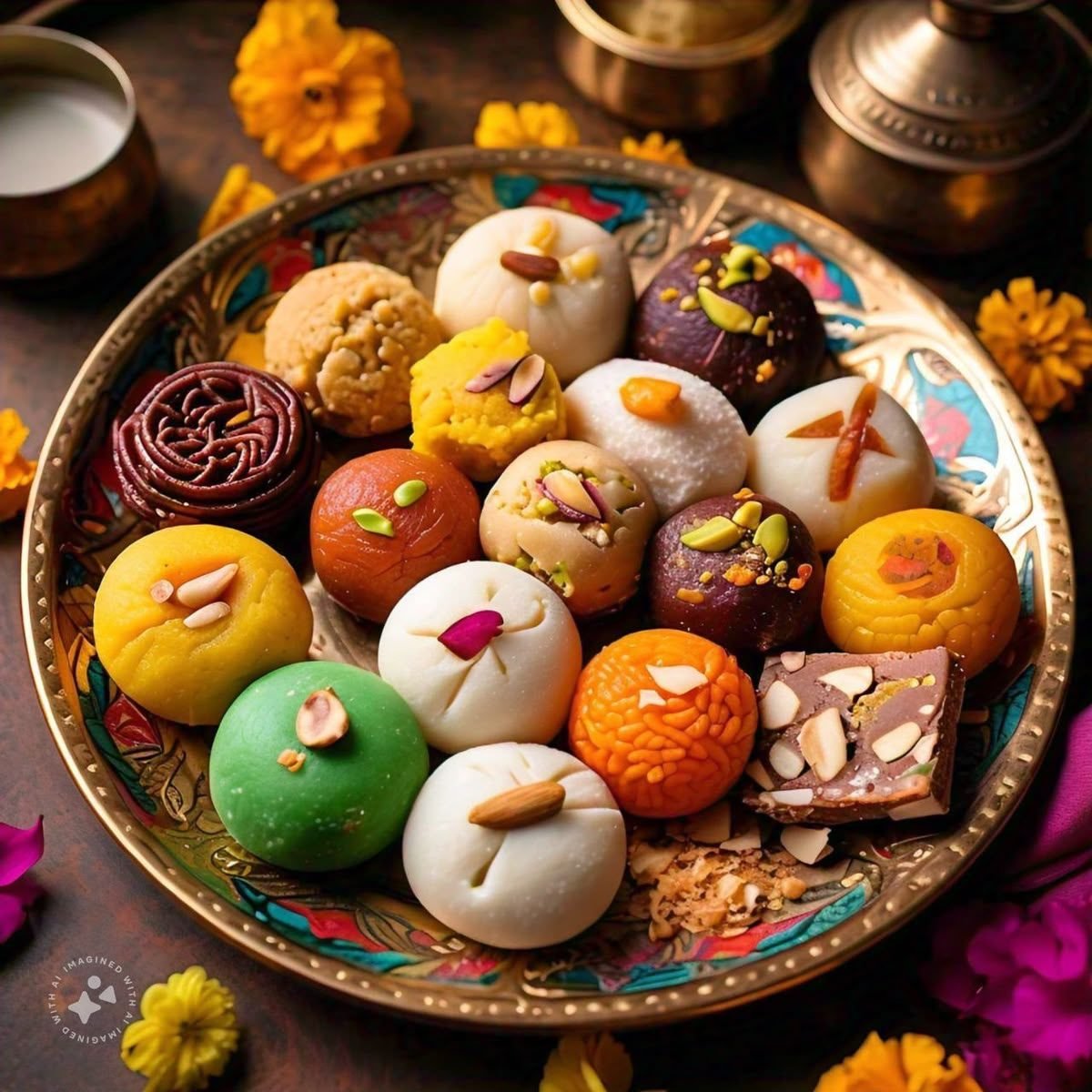 Platter of laddu and traditional sweets served at a wedding